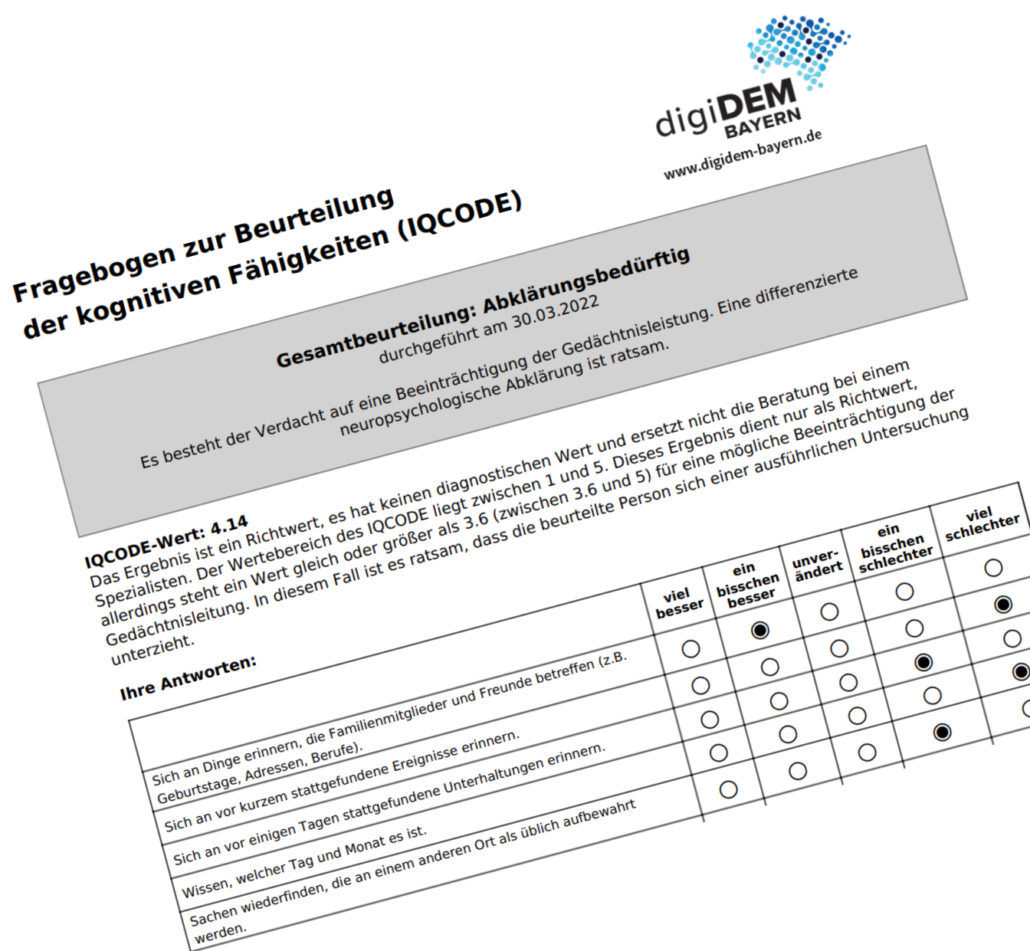 Fragebogen zur Beurteilung der kognitiven Fähigkeiten IQCODE ist ein weiteres digitales Angebot von digiDEM Bayern.